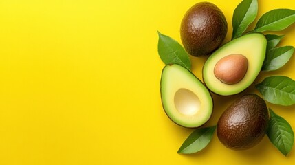 Fresh avocado halves on yellow background with leaves