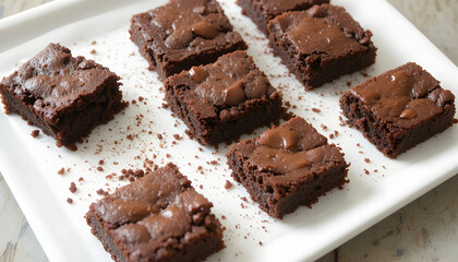 Serving of Delicious Chocolate Brownies on a White Plate