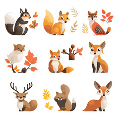 Cute cartoon animals: foxes, squirrel, deer, leaves, fall, autumn, vector