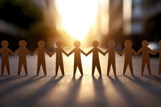 Silhouettes of paper figures holding hands against a sunset background, symbolizing unity and connection.