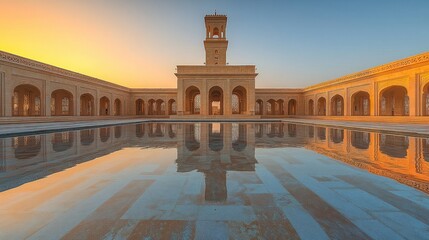 Obraz premium Serene Sunset Reflection at the Grand Mosque