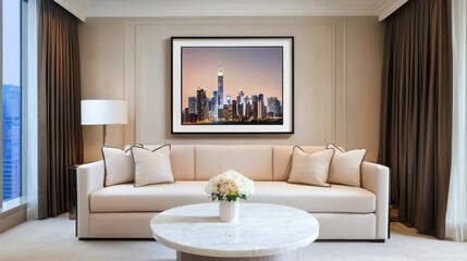 Fototapeta premium Minimalist living room, neutral walls, modular sofa, marble table, framed pastel city skyline painting, dark curtains, night view