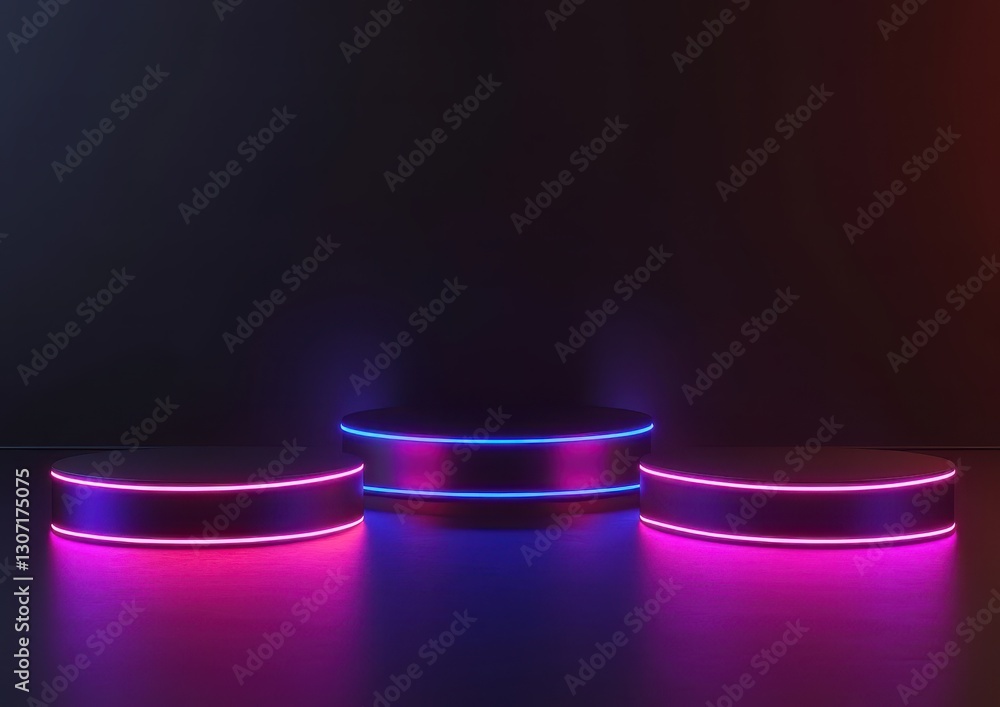 Poster elegant display of three illuminated circular platforms with vibrant neon lights against a dark back