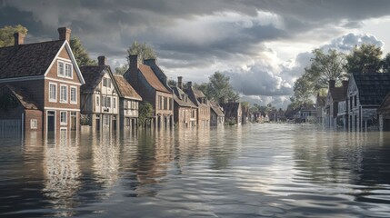 Fototapeta premium A serene scene of partially submerged houses in a tranquil, flooded landscape under a moody sky.