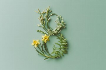 Floral number six with yellow daffodils and greenery on pastel background