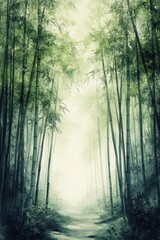 Naklejka premium Abstract Watercolor Forest Scene with Sunlit Bamboo Grove and Misty Mountain Background Wall Art