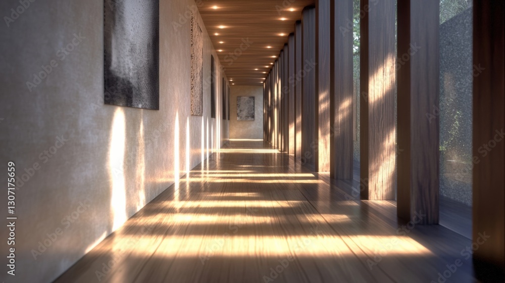 Poster the corridor showcases polished wooden flooring with a minimalist design illuminated by large window