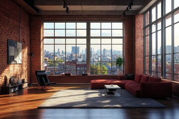 Fototapeta premium Red Brick Conference Room with Futuristic Furniture. AI generated illustration.