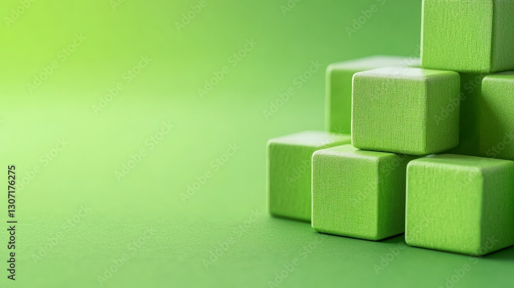 Poster close up of a group of light green textured cubes stacked on a lime green background. soft lighting 