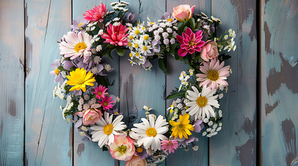 A heart-shaped wreath made of fresh spring flowers