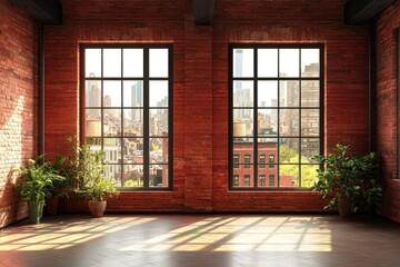 Fototapeta premium Red Brick Conference Room with Futuristic Furniture. AI generated illustration.