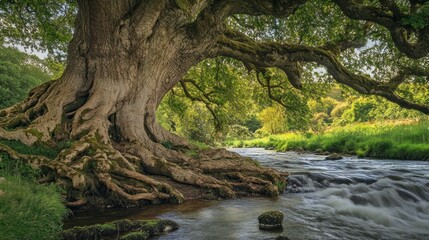 Fototapeta premium Ancient tree's roots embrace a serene flowing river in bright sunlight landscape