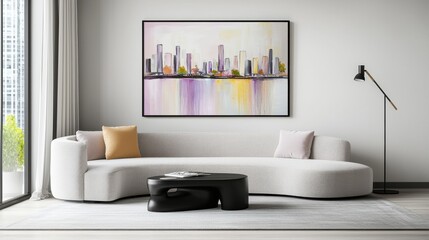 Modern monochrome living room, layered warm grays, curved boucle sofa, sculptural black coffee table, soft pastel abstract framed painting, fabric roman