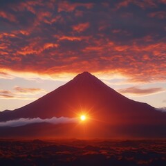 a volcanic sunrise, with vibrant hues of red and orange filling the sky as the sun rises over the peak