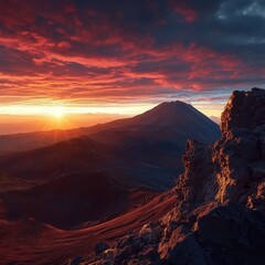 Fototapeta premium a volcanic sunrise, with vibrant hues of red and orange filling the sky as the sun rises over the peak