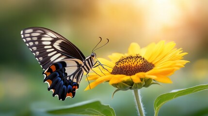 Fototapeta premium Butterfly feeding on sunflower in a garden at sunrise