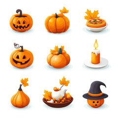 Halloween Pumpkins and Candle Icons with Maple Leaves on White BG