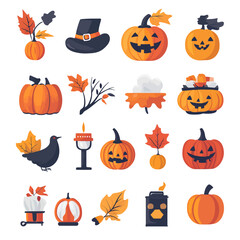 Halloween Pumpkin Patch Icon Set with Candle, Hat and Autumn Leaves