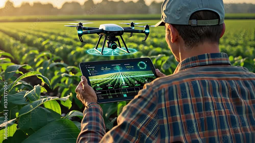 Poster farmer using a digital tablet to control an agricultural drone for precision farming and crop monito