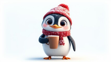 Fototapeta premium Charming 3D Render of a Cozy Penguin in Winter Attire Drinking Warm Beverage