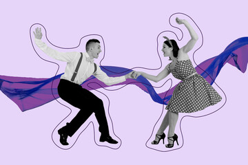3d sketch poster trend collage image of two happy gentleman lady dance vintage party celebration event wekeend relax romance