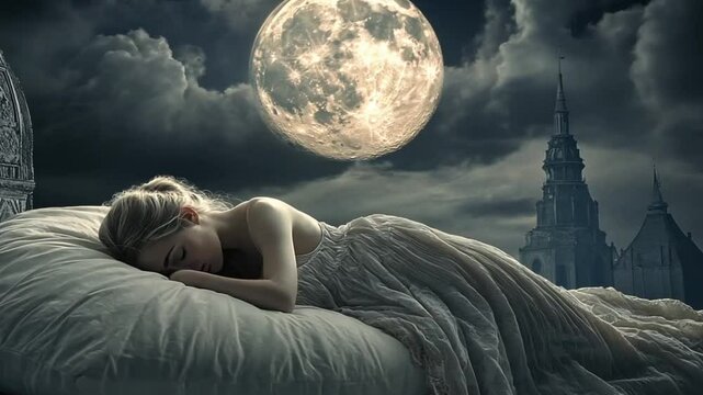 Woman sleeping in gown under moonlight on city rooftop