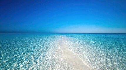 Fototapeta premium Tranquil Turquoise Ocean Water with Sandy Pathway Leading to Horizon Under a Clear Blue Sky on a Bright Sunny Day