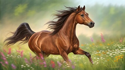Obraz premium Majestic Brown Horse Running in a Colorful Flower Field - Beautiful Drawing of Nature's Grace and Freedom