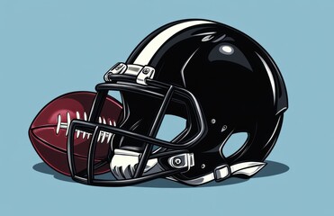 Fototapeta premium Vector illustration of a black American football helmet and ball, side view, simple design, flat color, blue background, white line work.
