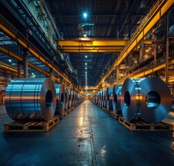 Industrial Steel Rolling Mill with Metal Coils, Factory Interior, Production Line, Heavy Machinery, Warehouse Environment, Night Lighting, Manufacturing Process