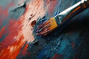 Fototapeta premium Artistic exploration with a brush on a vibrant canvas filled with texture and color in a studio setting