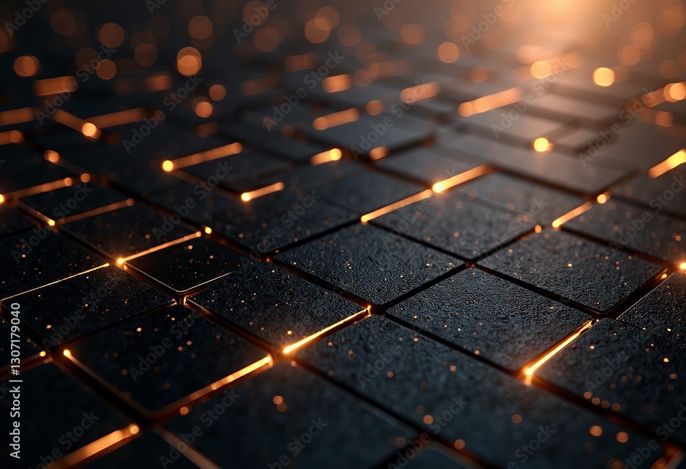 Poster abstract black metal texture with golden lines: dark 3d geometric pattern with luminous grid, perfec