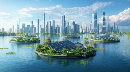 Fototapeta premium Futuristic city skyline with solar islands in a serene water landscape under a clear sky