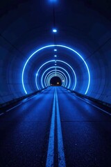 Deep blue tunnel with neon lights stretching ahead, blue tunnel, glowing road, night scenery