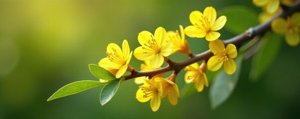 Obraz premium Delicate acacia flowers unfold in clusters on a woody branch, bloom, flowers, acacia