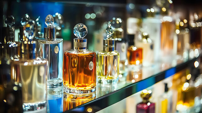 A shelf of perfume bottles with a variety of scents