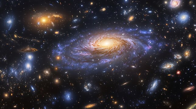 A stunning image showcasing a spiral galaxy and many other galaxies