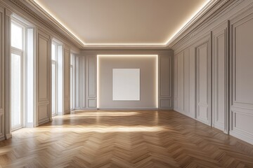 Obraz premium Spacious empty hall with blank white poster. AI generated illustration.