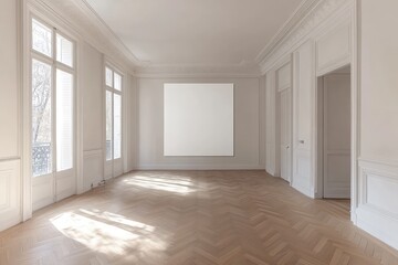 Fototapeta premium Spacious empty hall with blank white poster. AI generated illustration.