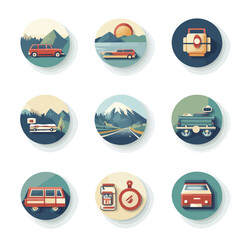 Transportation Icons Set: Cars, Train, Camp Gear, and Landscapes Designs