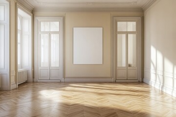 Spacious empty hall with blank white poster. AI generated illustration.