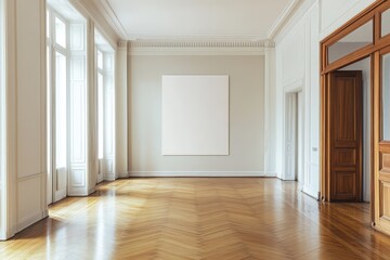 Obraz premium Spacious empty hall with blank white poster. AI generated illustration.
