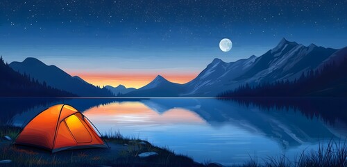 Camping at night with lake and mountains under moonlight