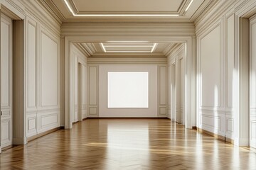 Obraz premium Spacious empty hall with blank white poster. AI generated illustration.