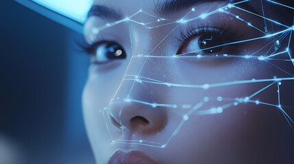 A woman's face is shown in a blue screen with a web of lines