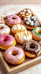 Assorted glazed donuts with sprinkles and nuts on wooden tray