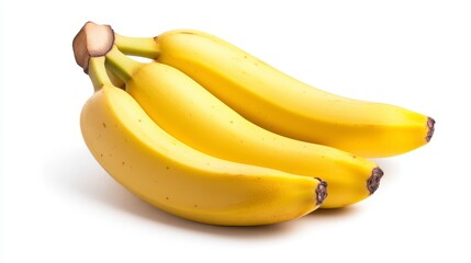 Three ripe yellow bananas arranged on a white background. Studio lighting enhances the fruit's color and texture.