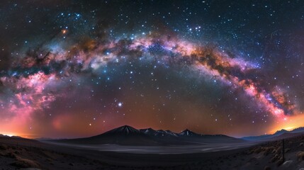 Foto do espa&ccedil;o estrelado com uma gal&aacute;xia laranja, rosa, roxa, azul, preta e com uma montanha