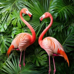 Bright and bold flamingos in a jungle-themed design.