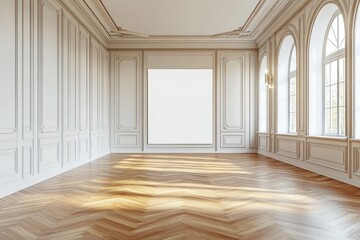 Obraz premium Spacious empty hall with blank white poster. AI generated illustration.